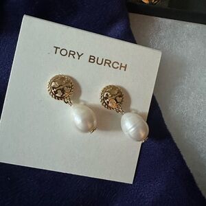 Tory Burch Gold Filigree Earrings with White Pearls